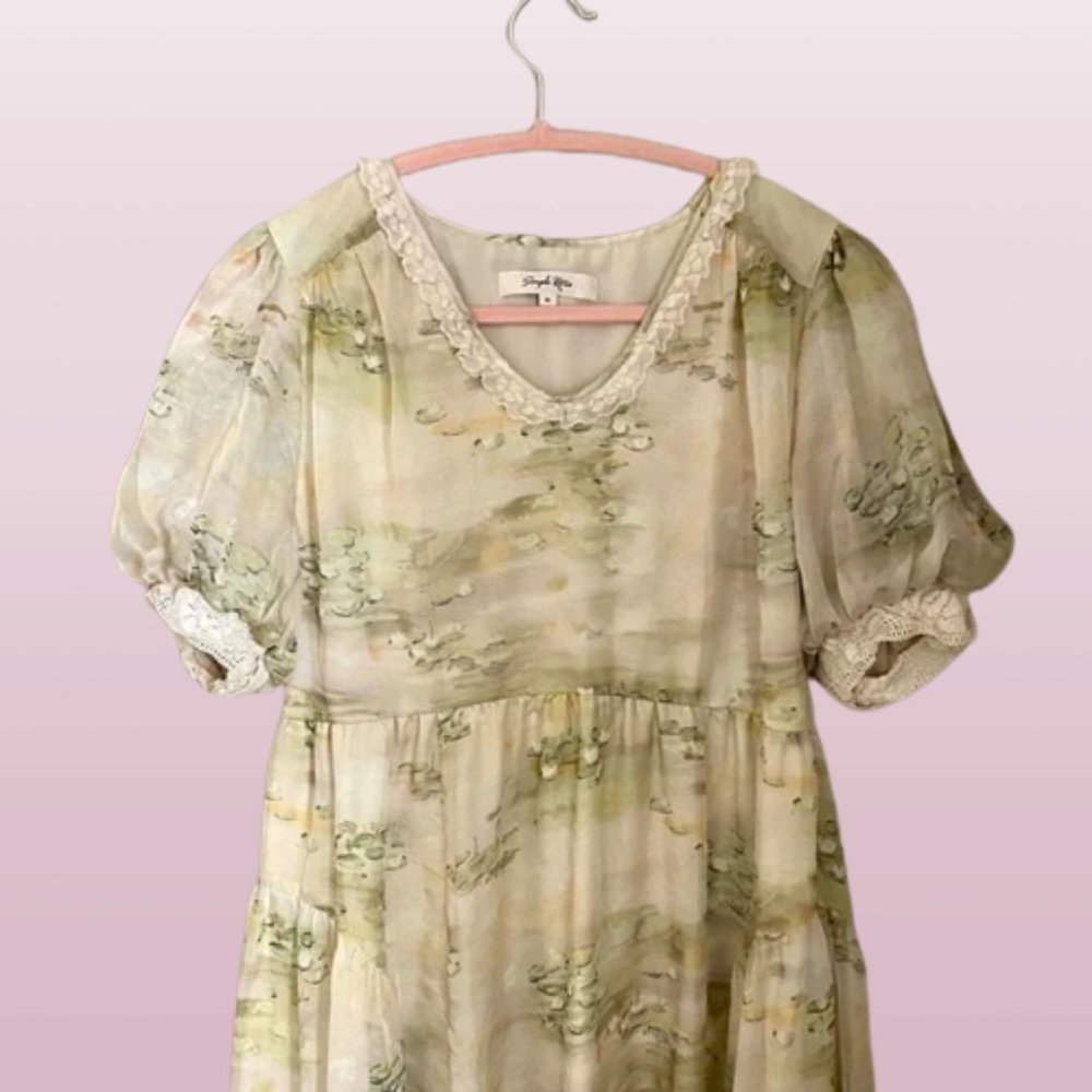 Simple Retro Floral Lace Frill Trim Dress